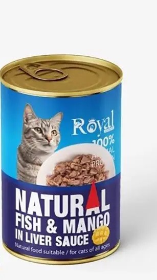 کنسرو نچرال گربه رویال کوکو با طعم ماهی و انبه در سس جگر Royal coco وزن 380 گرم